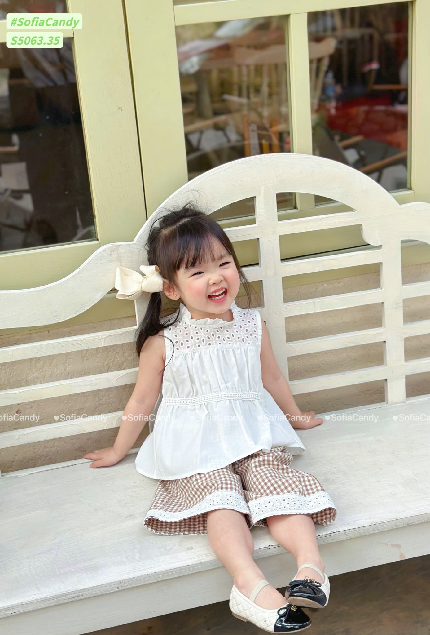 S5063 - Set bộ Sofia Candy áo trắng sát nách phối quần kẻ bé gái size 1-10y