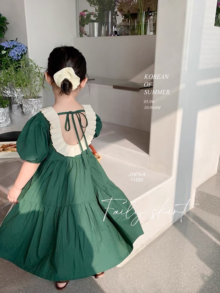 Váy thô June màu xanh lá phối cổ bèo xếp ly màu kem size 1 - 10y