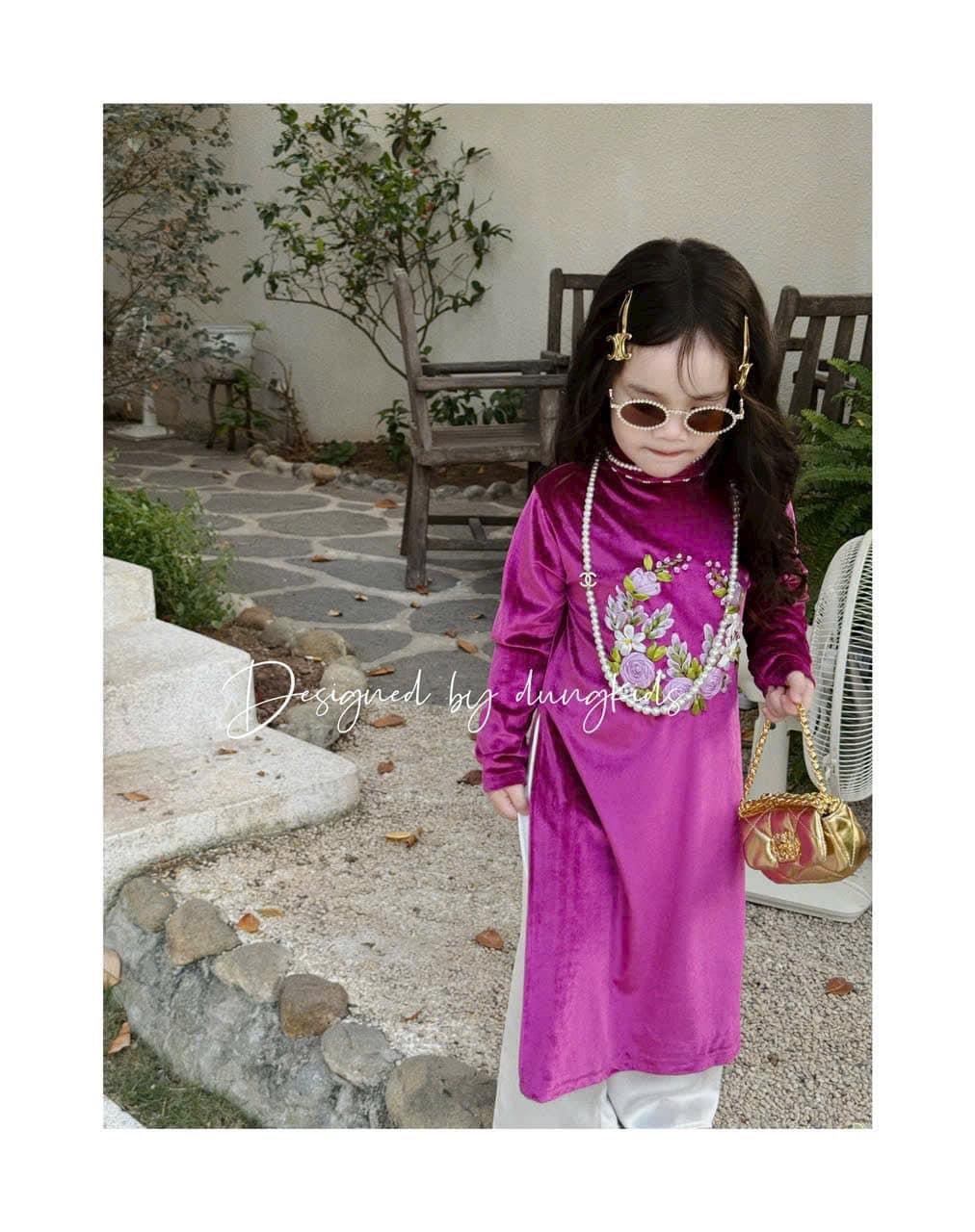 Áo dài Dungkids vải nhung tuyết thêu ruy băng 3 màu cho bé gái size 1-10y