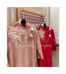 Áo dài nhung tuyết Dungkids đính hoa trắng 2 màu hồng, đỏ bé gái size 1-10y