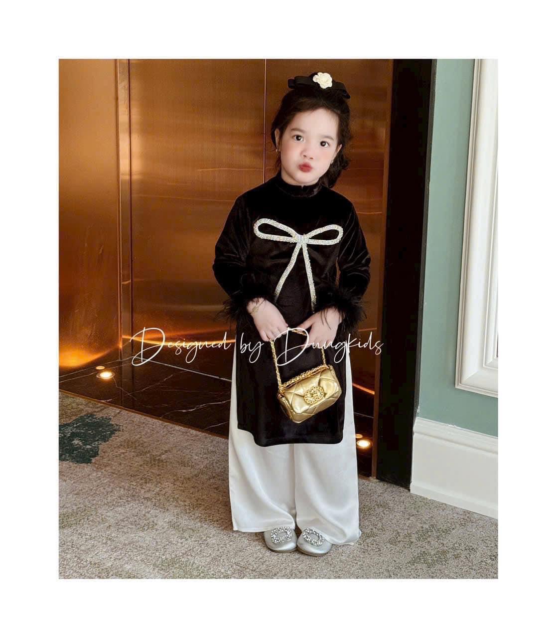 Áo dài Dungkids vải nhung tuyết đính nơ to 2 màu đỏ, đen cho bé gái size 1-10y