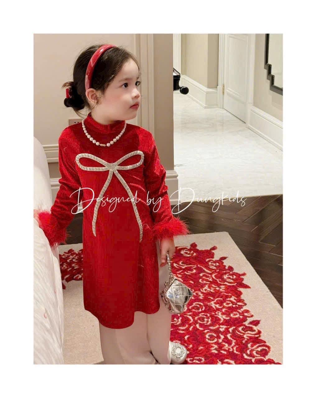 Áo dài Dungkids vải nhung tuyết đính nơ to 2 màu đỏ, đen cho bé gái size 1-10y