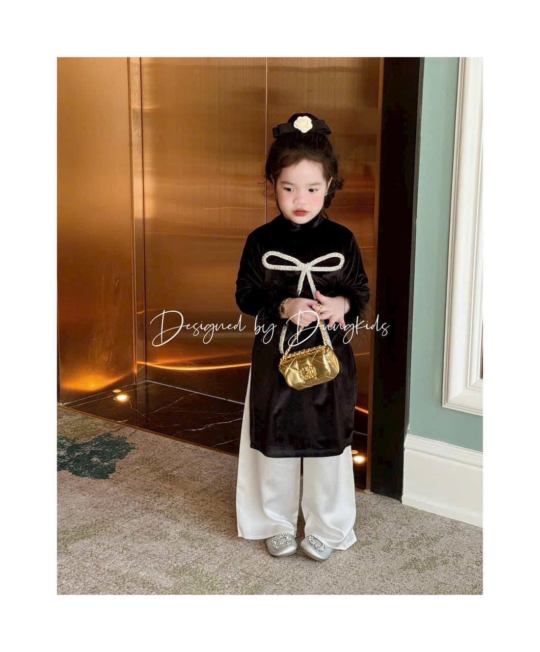 Áo dài Dungkids vải nhung tuyết đính nơ to 2 màu đỏ, đen cho bé gái size 1-10y