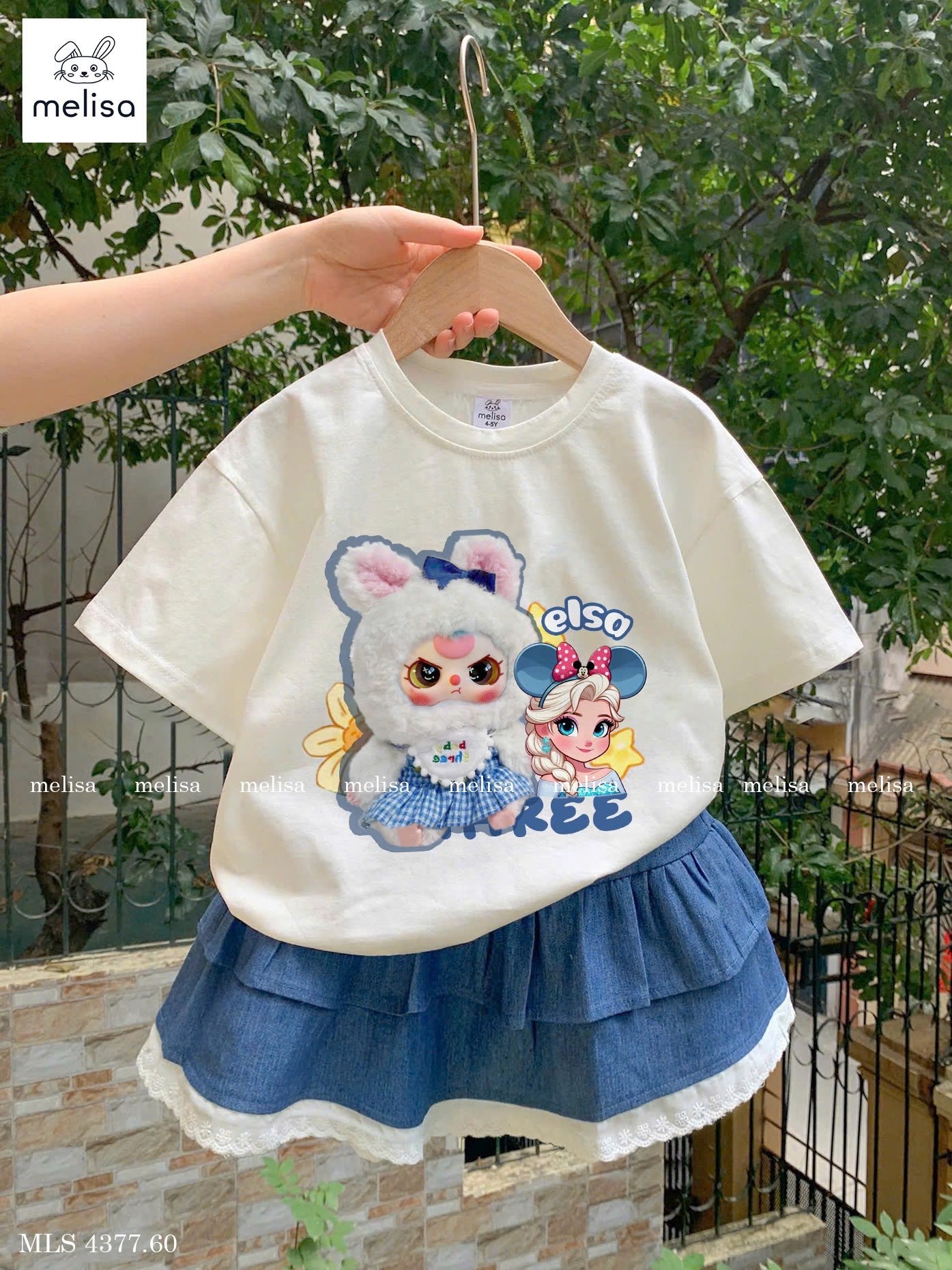 MLS 4377 - Bộ Melisa Baby Three Elsa áo cotton trắng + chân váy denim bé gái size 2-12y