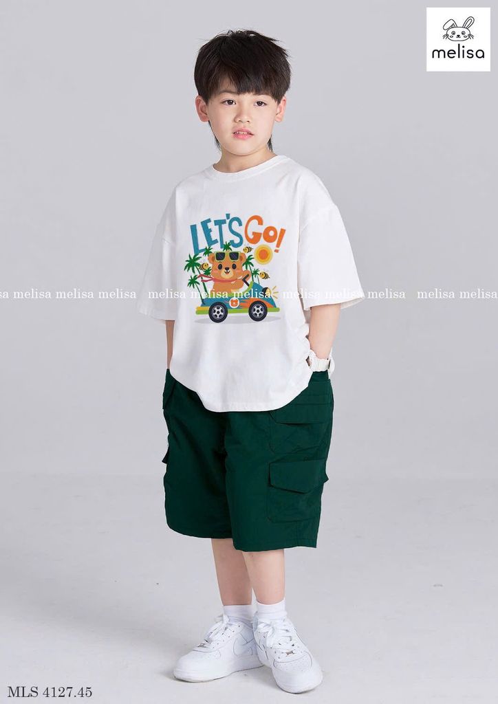 MLS 4127 - Bộ cotton Melisa áo trắng Let's Go + quần xanh bé trai size 6-12y