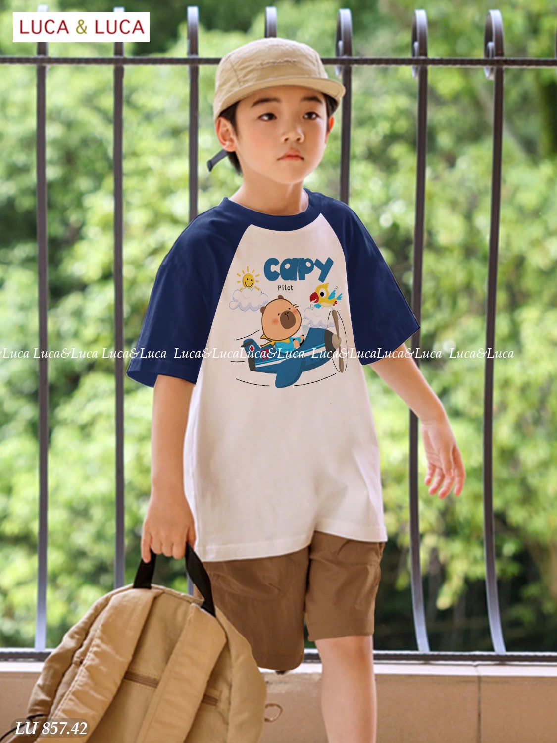 LU 857 - Bộ Luca Luca tay giác lăng Capybara lái máy bay + quần kaki bé trai size 2-12y