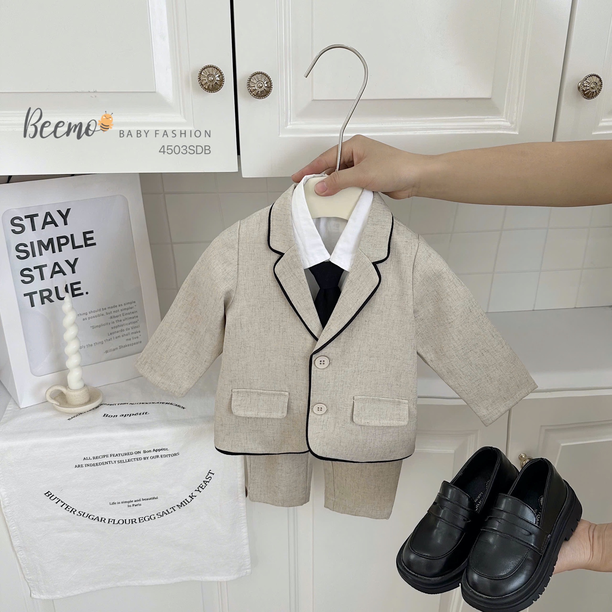 Set vest Beemo 3ct vải chéo Hàn phối viền 2 màu cho bé trai size 80-130