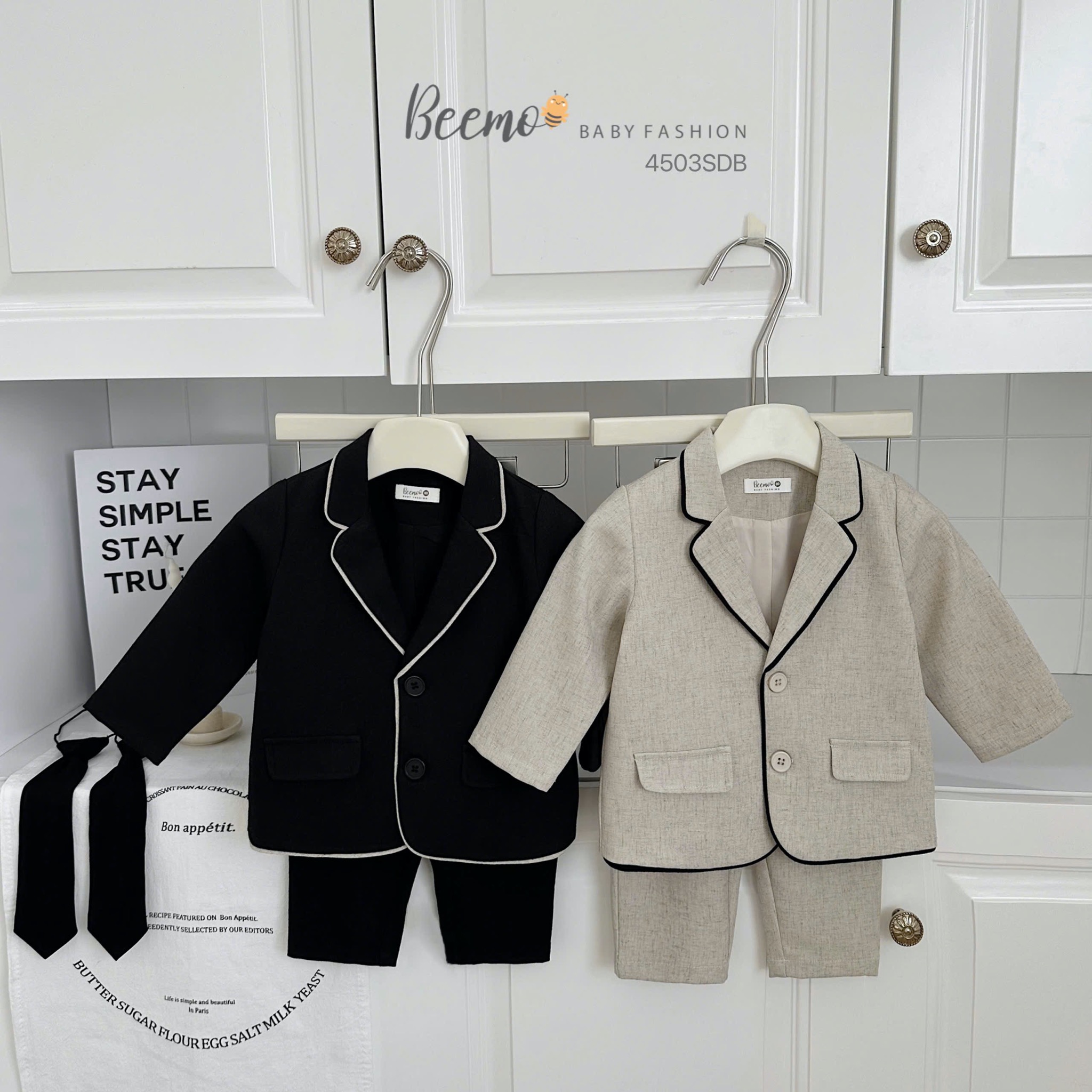 Set vest Beemo 3ct vải chéo Hàn phối viền 2 màu cho bé trai size 80-130