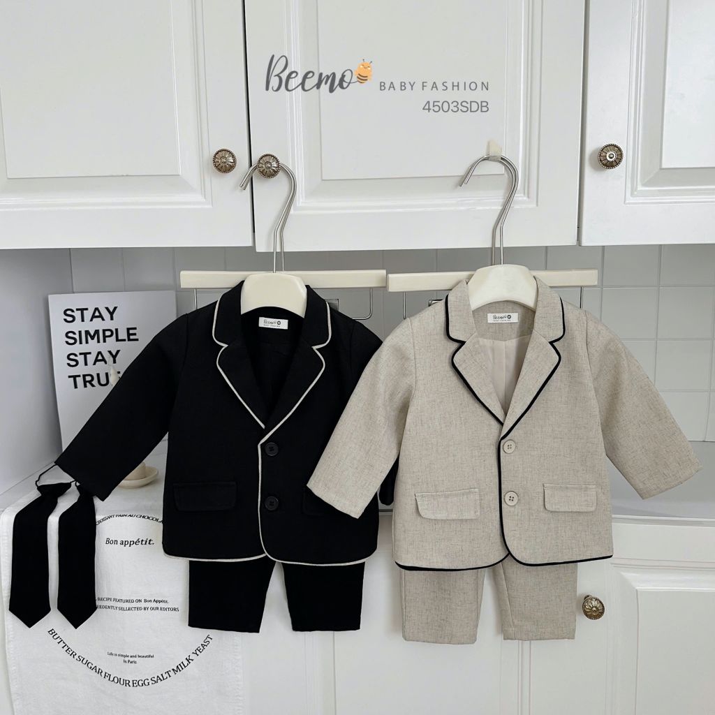 Set vest Beemo 3ct vải chéo Hàn phối viền 2 màu cho bé trai size 80-130
