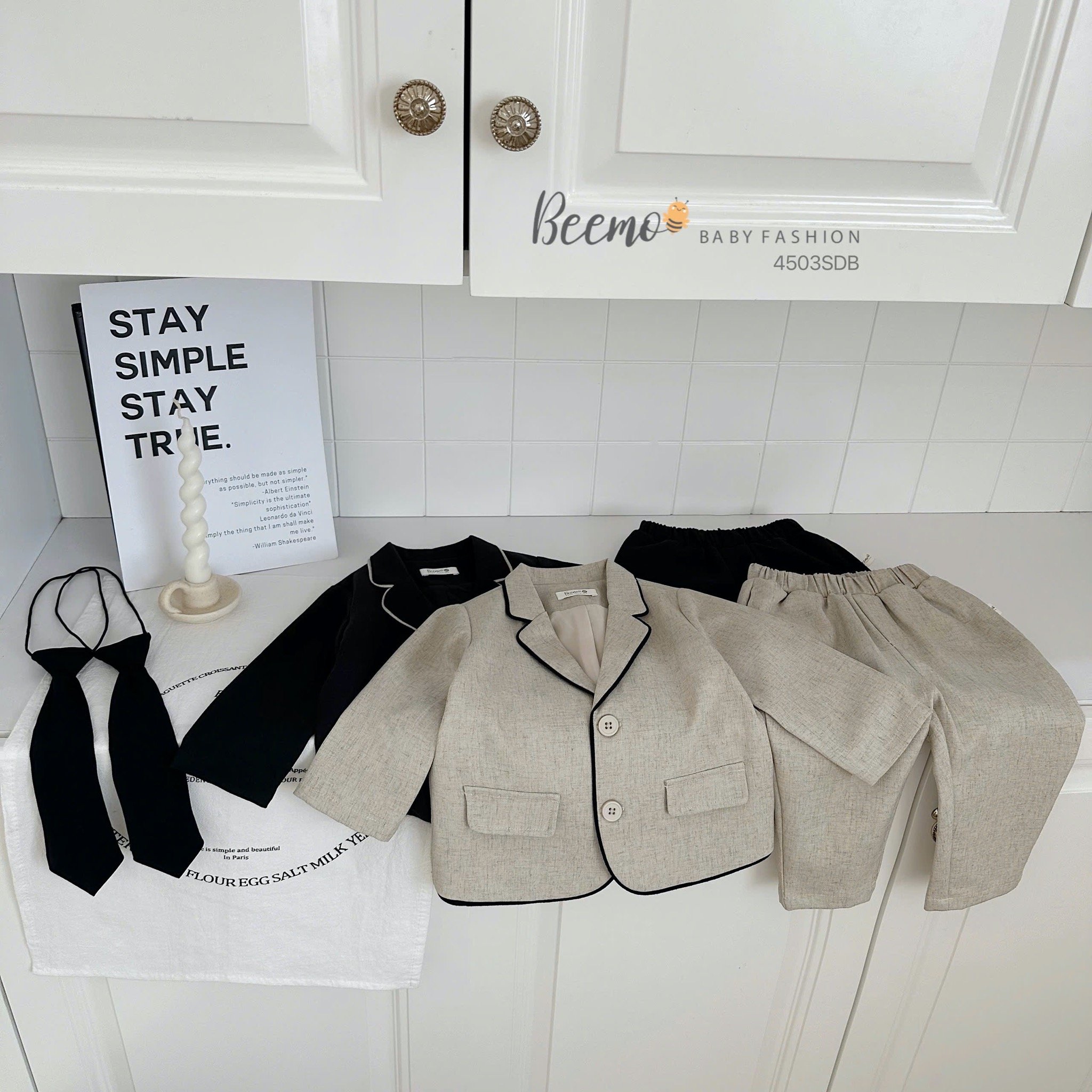 Set vest Beemo 3ct vải chéo Hàn phối viền 2 màu cho bé trai size 80-130