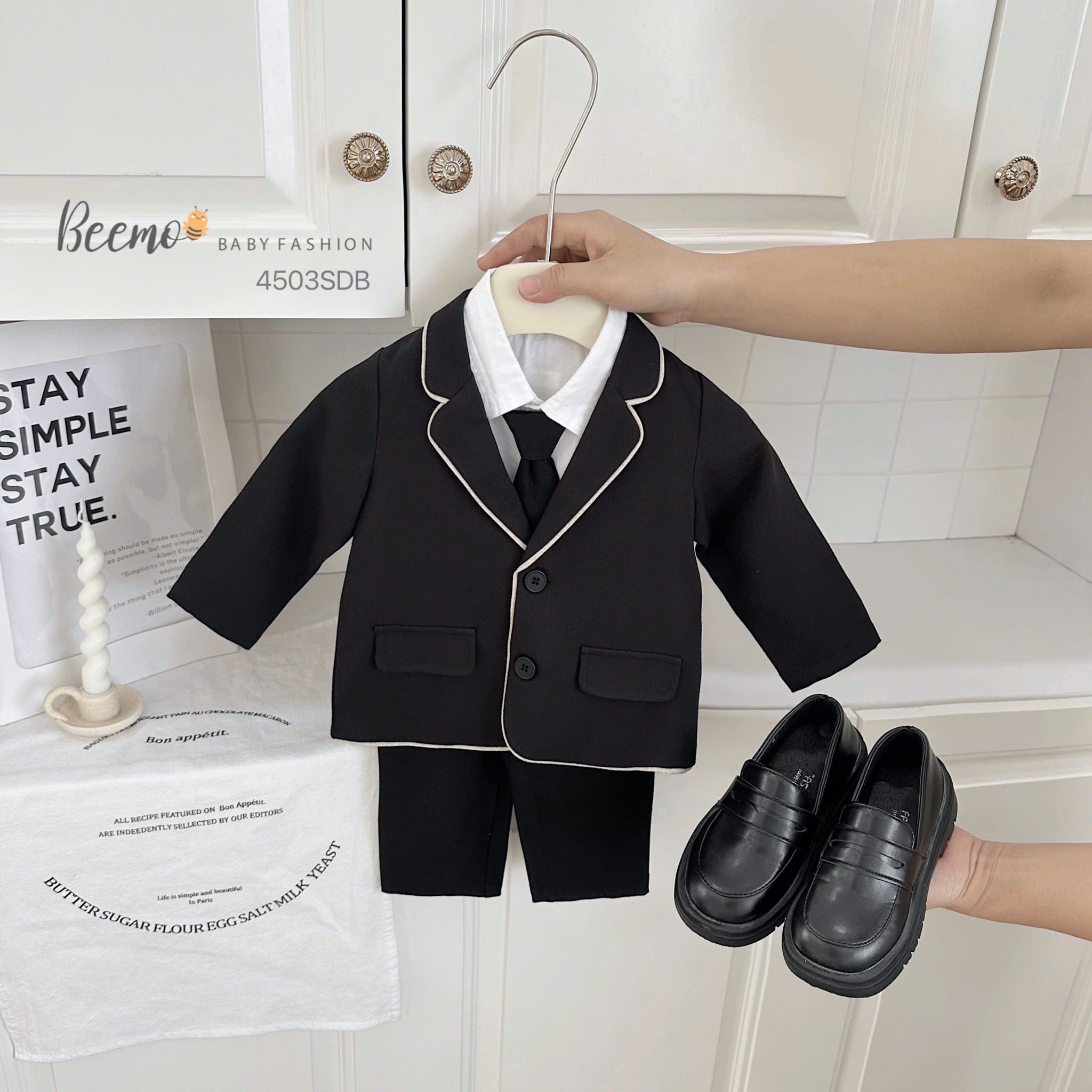 Set vest Beemo 3ct vải chéo Hàn phối viền 2 màu cho bé trai size 80-130