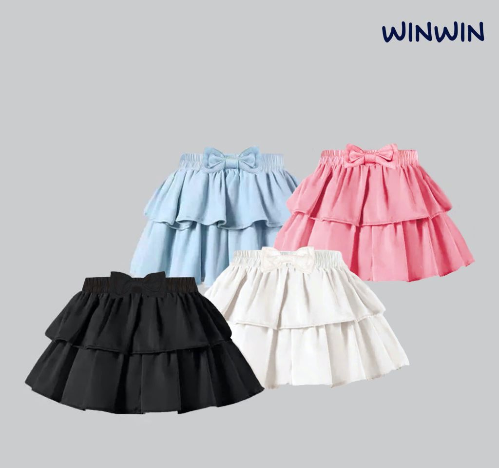 Chân váy thô liền quần Win Win nhún 2 tầng cạp đính nơ size 3 - 14y