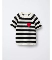 Áo len dệt ZR kẻ ngang trắng đen ngực thêu tim đỏ size 6 - 14y