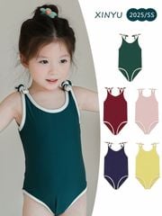 Bộ bơi liền thân kèm mũ trơn màu viền trắng nhiều màu bé gái size 80-130