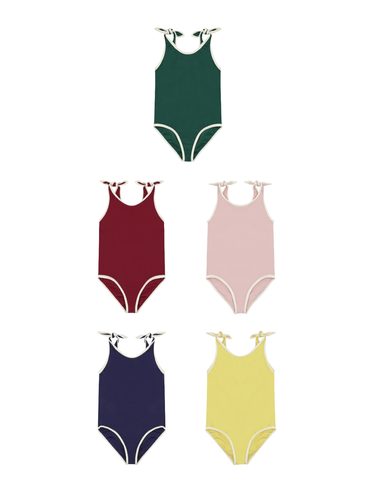 Bộ bơi liền thân kèm mũ trơn màu viền trắng nhiều màu bé gái size 80-130
