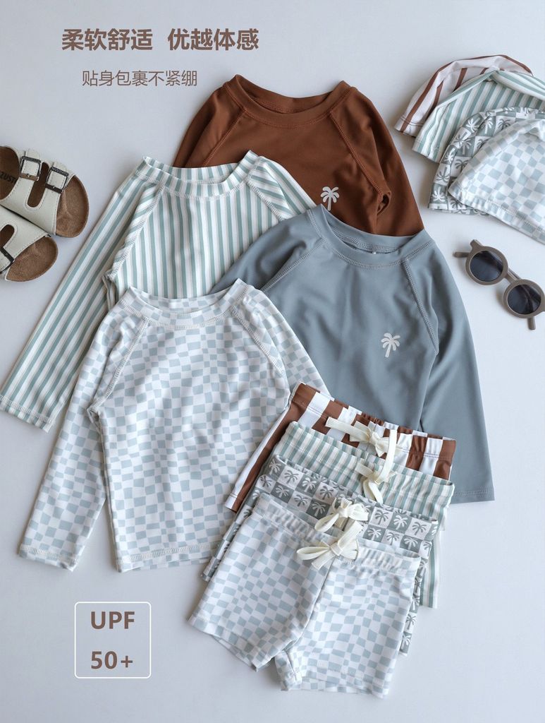 Set 3ct bộ bơi dài tay bé trai màu xanh mint họa tiết cây dừa size 80-130