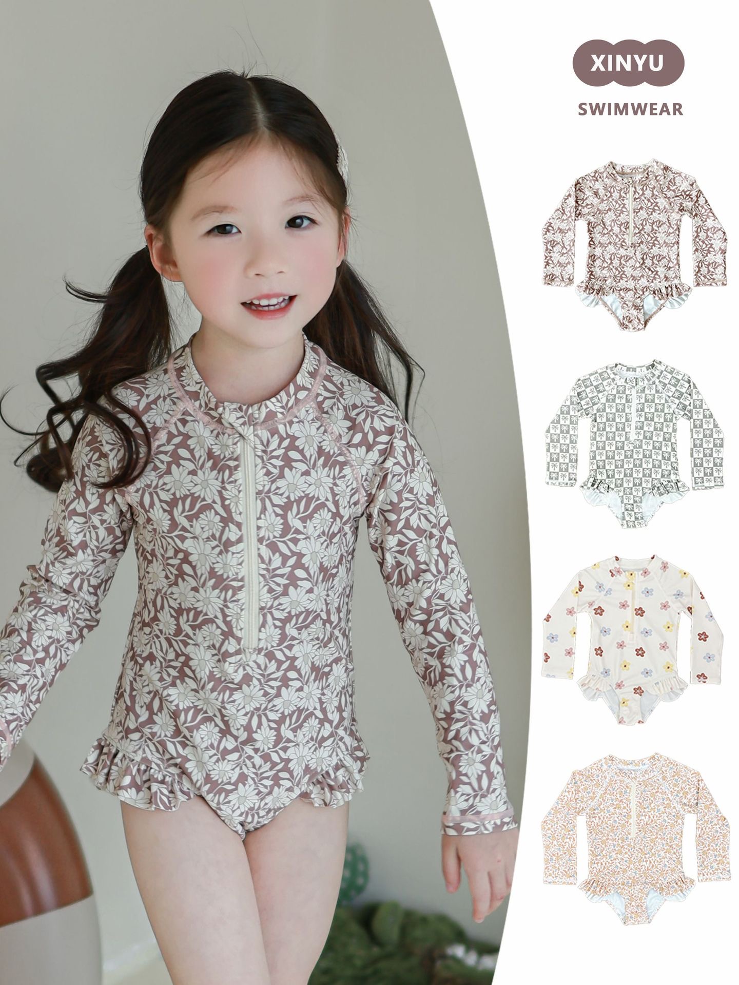 Bộ bơi dài tay liền thân kèm mũ bơi họa tiết hoa/cây dừa bé gái size 80-130