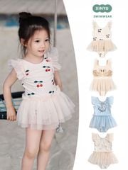 Set bộ bơi 2ct liền thân + mũ họa tiết cherry, thiên nga bé gái size 80-130