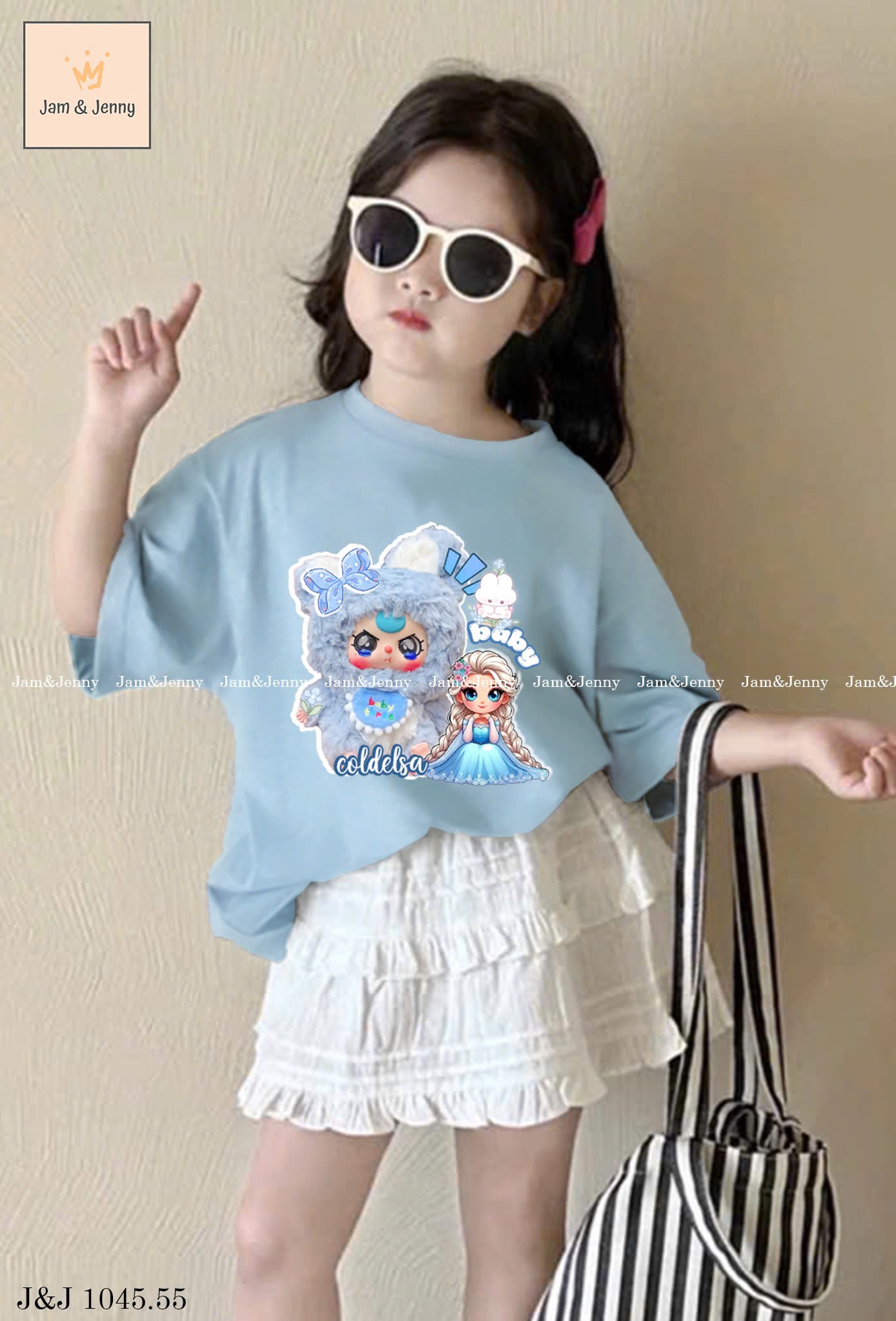 JJ 1045 - Set áo cotton xanh Baby Three Elsa + chân váy thô hạt gạo trắng size 2 - 12y