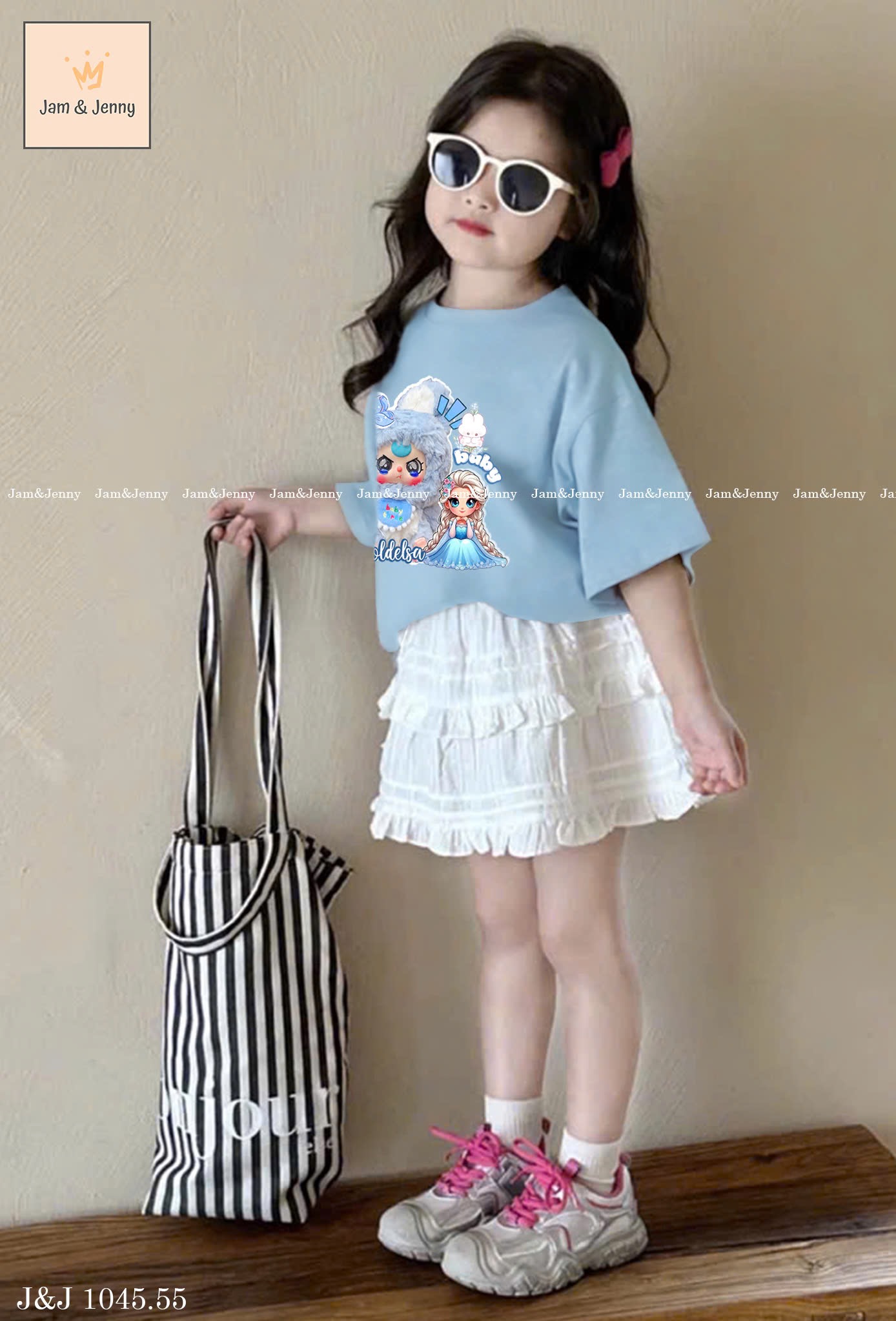 JJ 1045 - Set áo cotton xanh Baby Three Elsa + chân váy thô hạt gạo trắng size 2 - 12y
