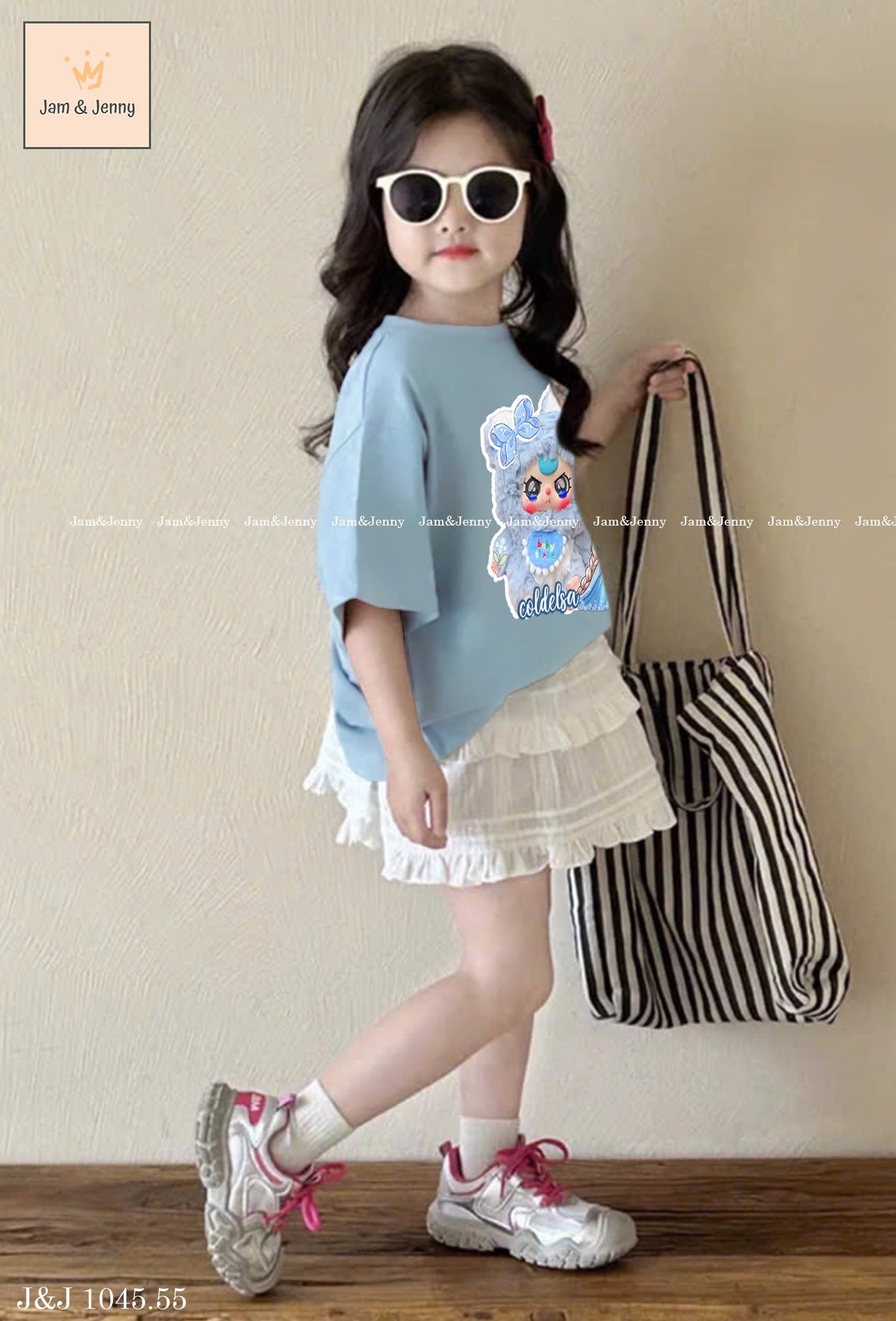 JJ 1045 - Set áo cotton xanh Baby Three Elsa + chân váy thô hạt gạo trắng size 2 - 12y