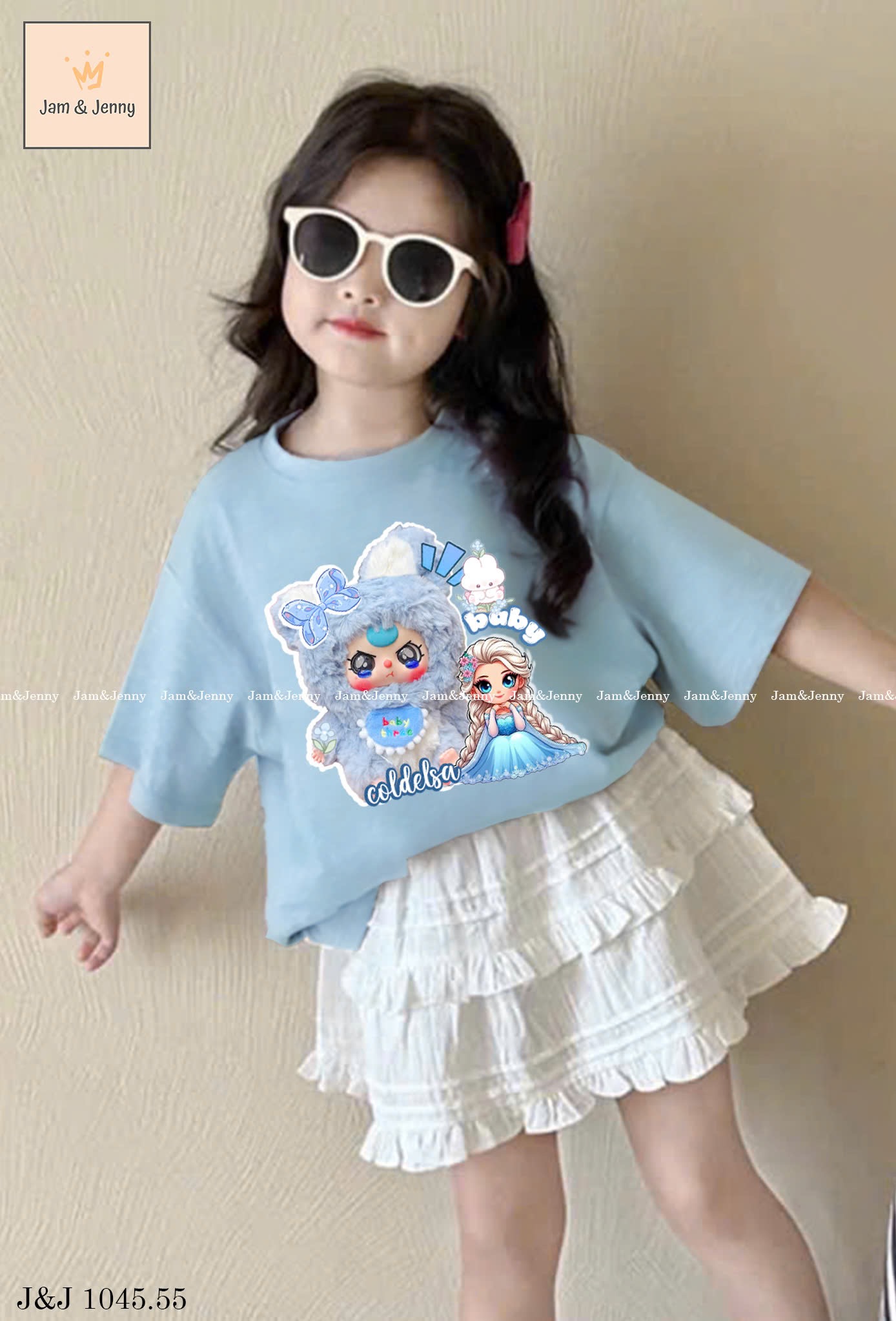 JJ 1045 - Set áo cotton xanh Baby Three Elsa + chân váy thô hạt gạo trắng size 2 - 12y