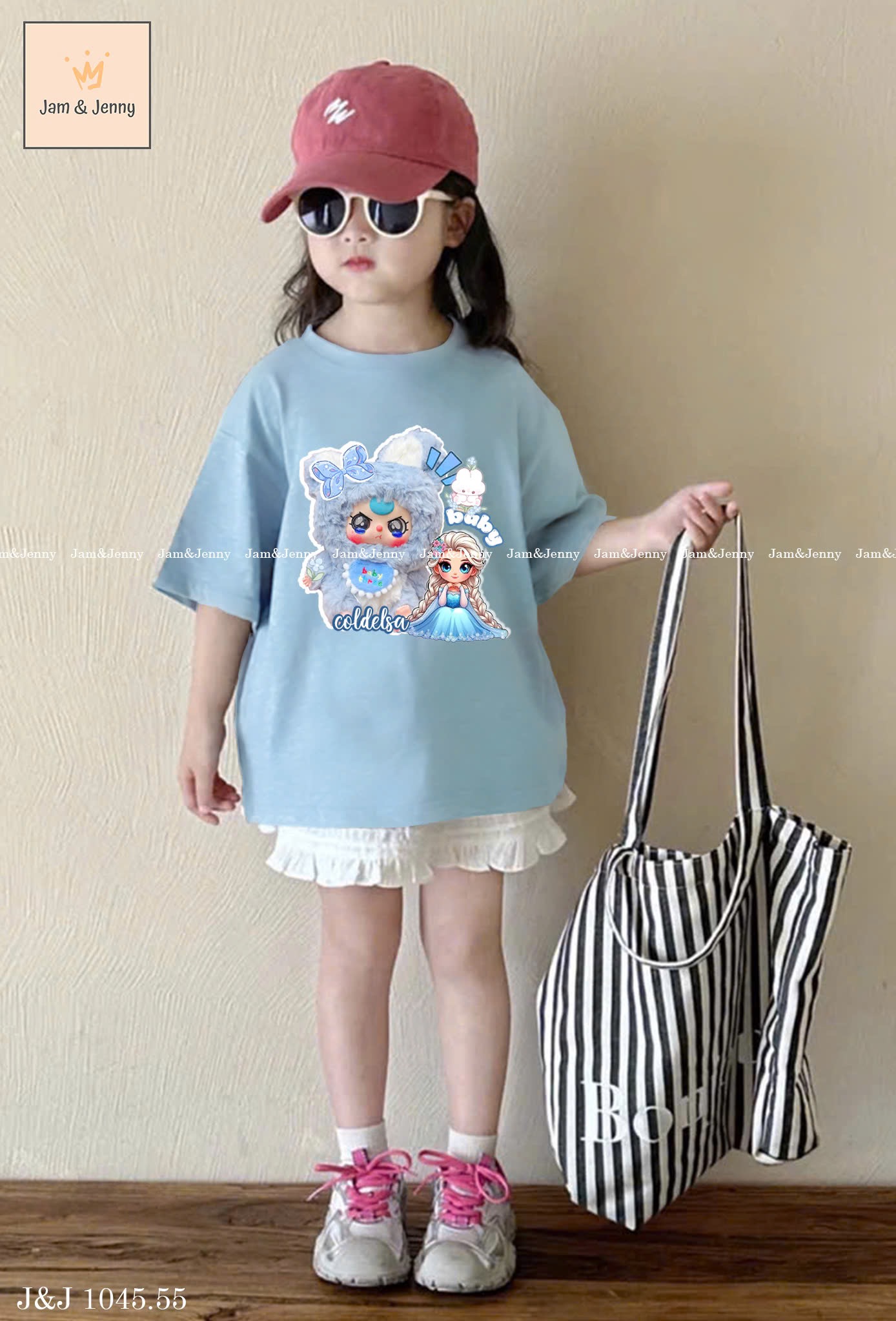 JJ 1045 - Set áo cotton xanh Baby Three Elsa + chân váy thô hạt gạo trắng size 2 - 12y
