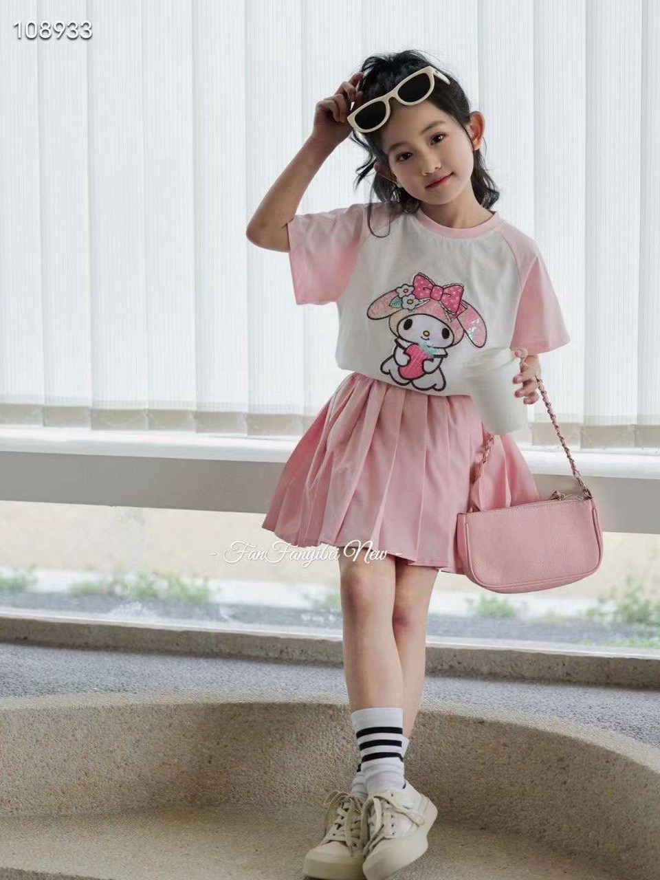 Bộ Kuromi + Melody áo thun + chân váy xếp ly 2 màu BG size 110-150