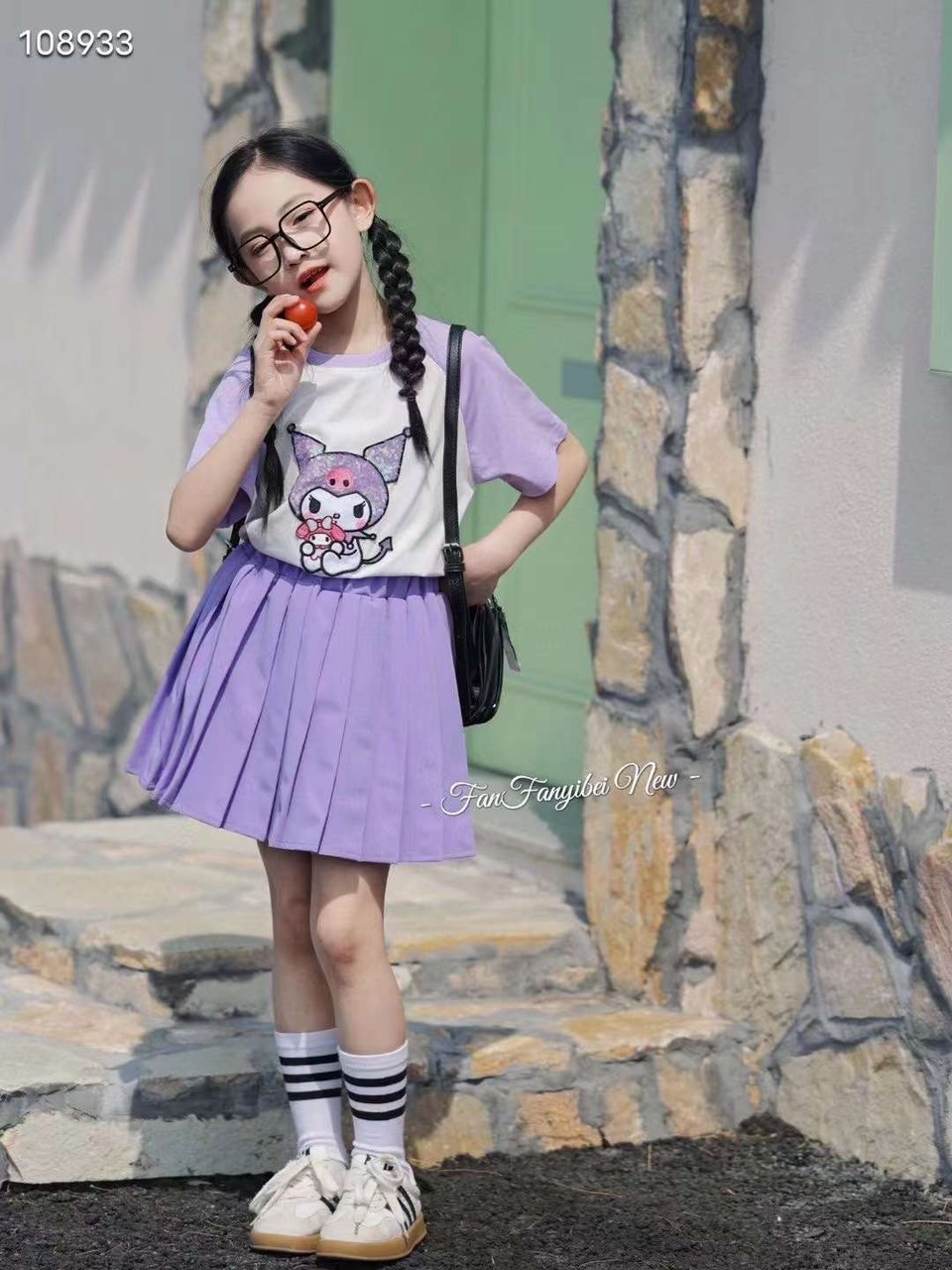 Bộ Kuromi + Melody áo thun + chân váy xếp ly 2 màu BG size 110-150