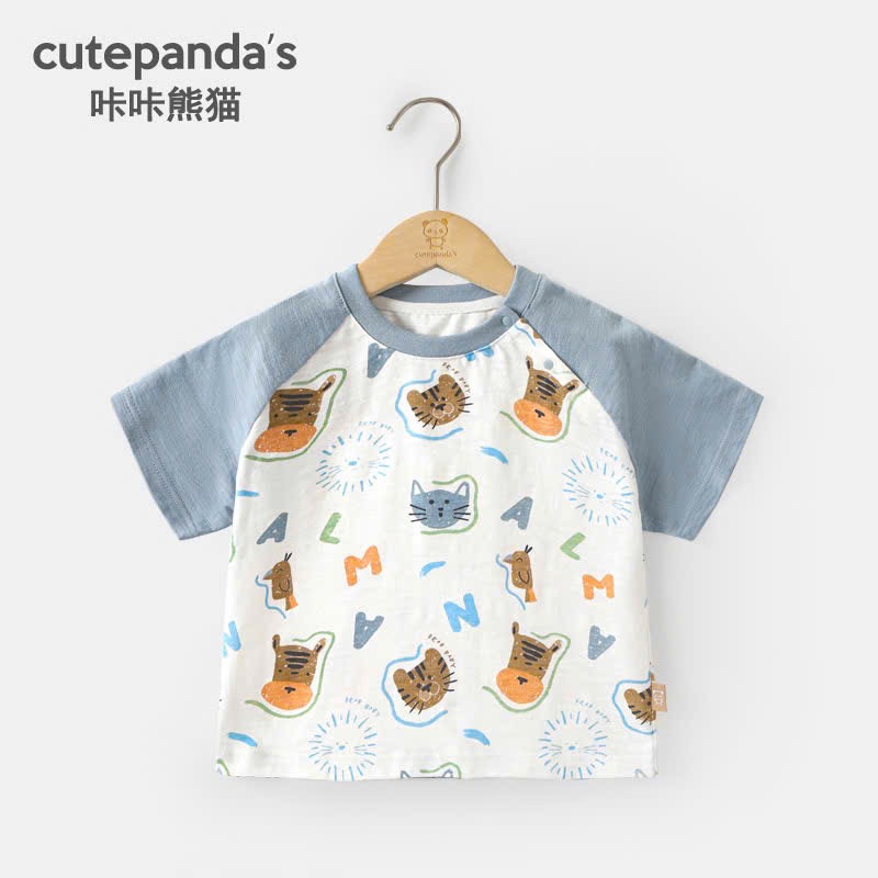 BM4 - Áo cotton Cutepanda tone xanh trắng hoạ tiết động vật cho bé size 90-120