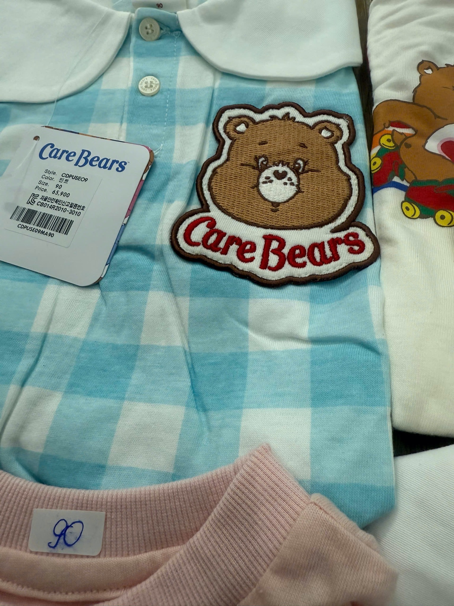 Bộ cotton CareBears xuất Hàn - caro xanh blue cổ trắng cho bé size 90-130