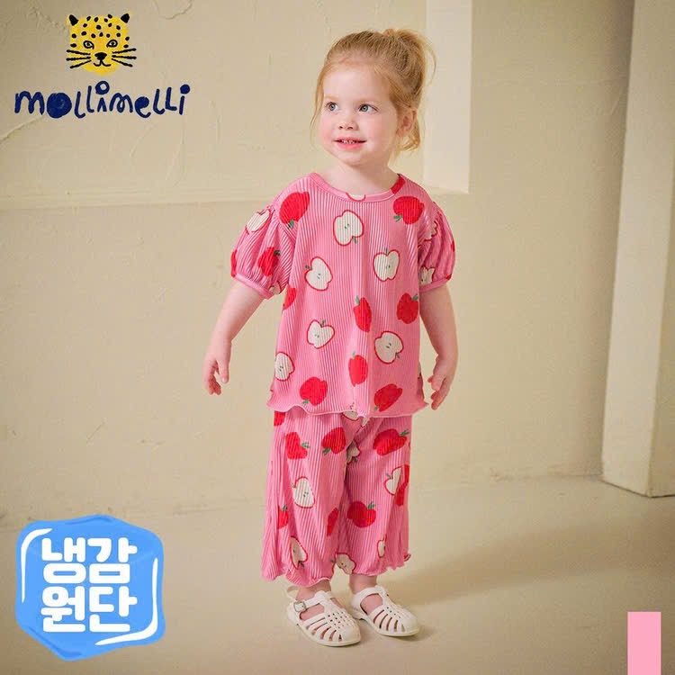 Bộ Mollimelii xuất Hàn hoạ tiết quả táo 2 màu hồng/ xanh bé gái size 90-130