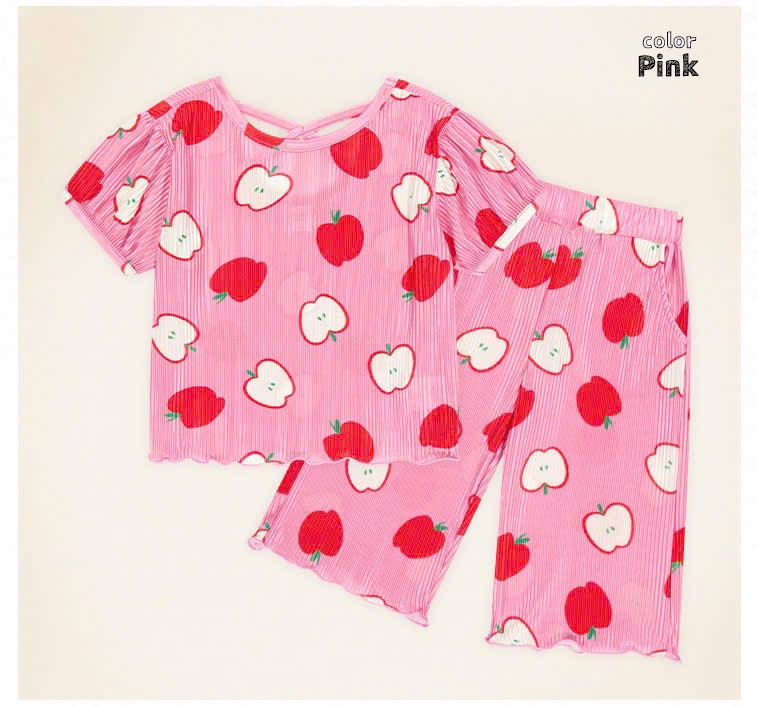 Bộ Mollimelii xuất Hàn hoạ tiết quả táo 2 màu hồng/ xanh bé gái size 90-130