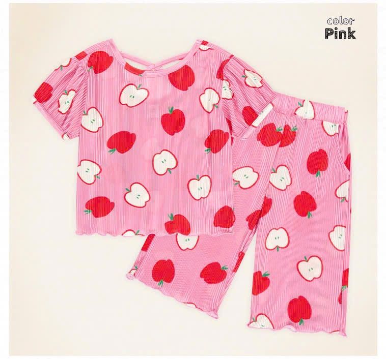Bộ Mollimelii xuất Hàn hoạ tiết quả táo 2 màu hồng/ xanh bé gái size 90-130