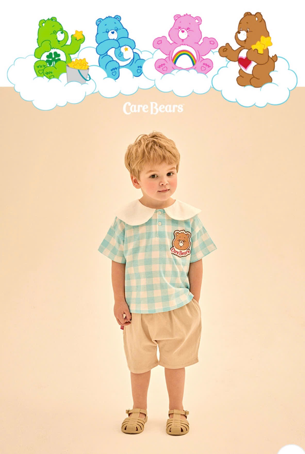Bộ cotton CareBears xuất Hàn - caro xanh blue cổ trắng cho bé size 90-130
