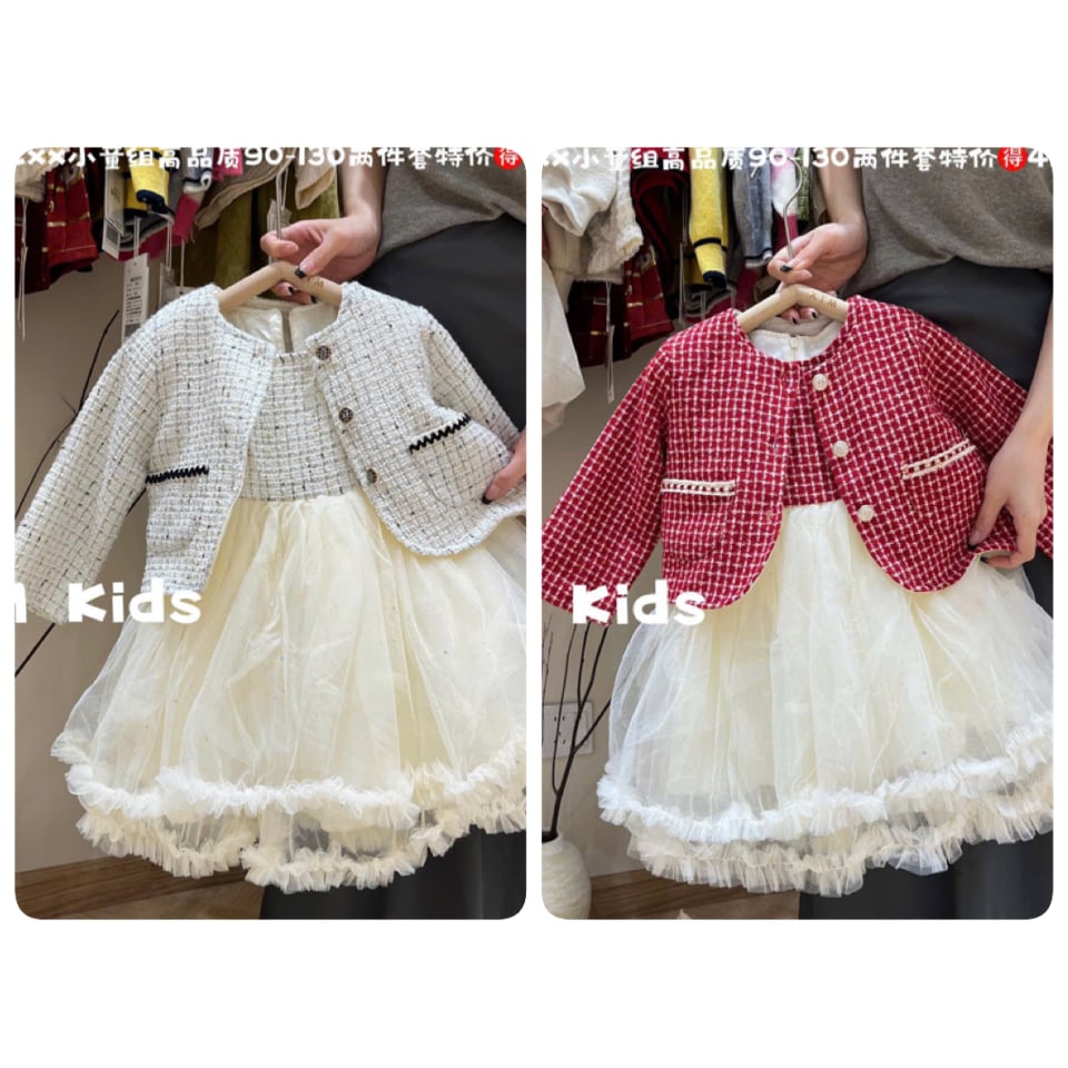 Set váy + áo khoác dạ tweed 2 màu kem/đỏ bé gái size 90-130