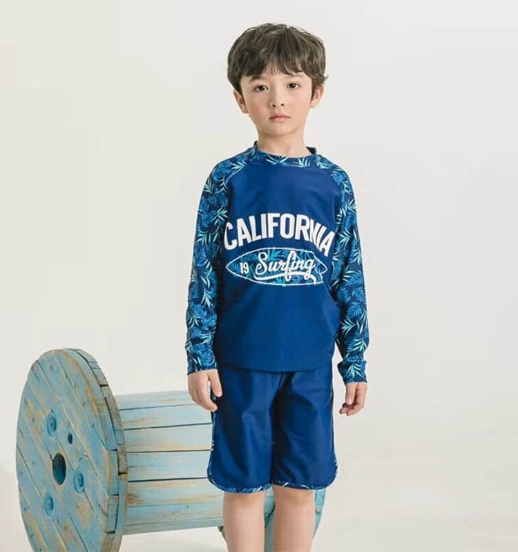 357 - Set 3ct bộ bơi áo dài tay + quần short + mũ màu navy lá California Surfing size 110-160