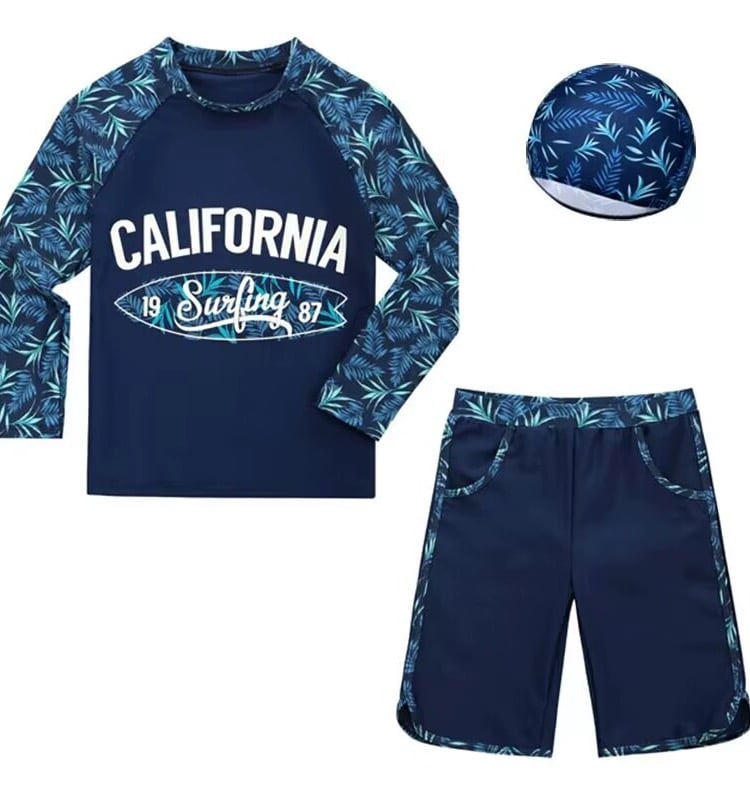 357 - Set 3ct bộ bơi áo dài tay + quần short + mũ màu navy lá California Surfing size 110-160