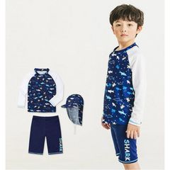 329 - Set 3ct bộ bơi áo dài tay + quần đùi + mũ shark màu navy BT size 100-150