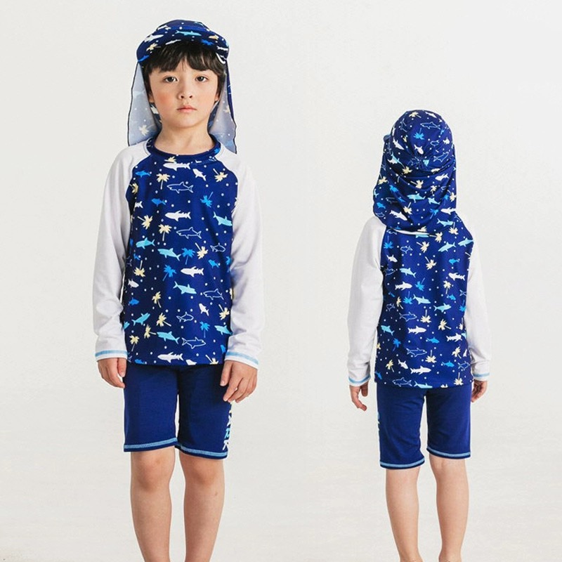 329 - Set 3ct bộ bơi áo dài tay + quần đùi + mũ shark màu navy BT size 100-150