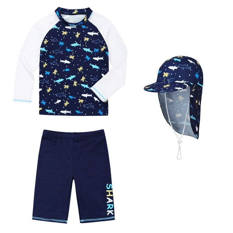 329 - Set 3ct bộ bơi áo dài tay + quần đùi + mũ shark màu navy BT size 100-150
