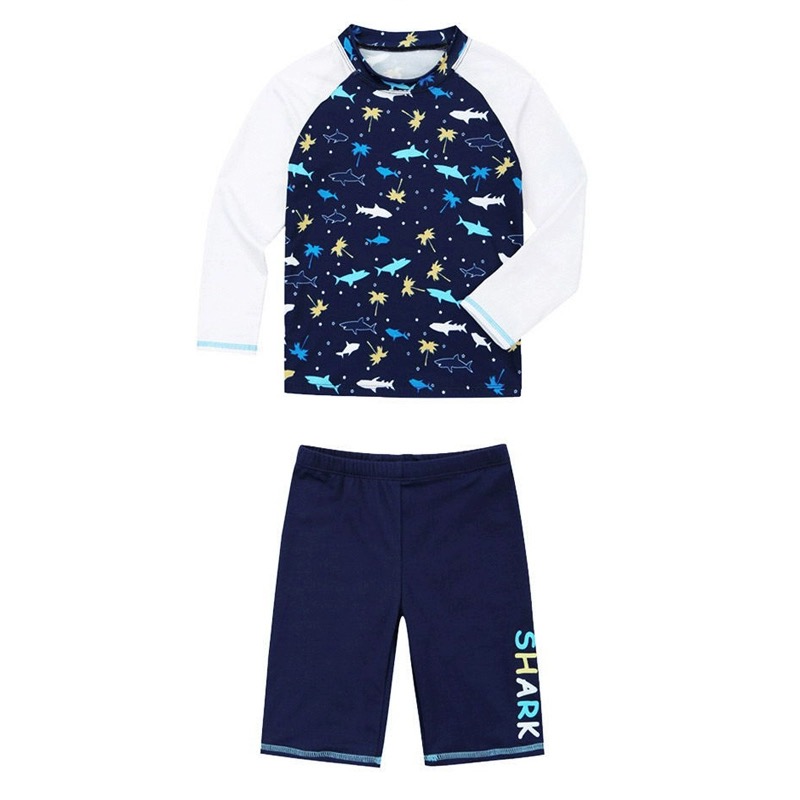 329 - Set 3ct bộ bơi áo dài tay + quần đùi + mũ shark màu navy BT size 100-150