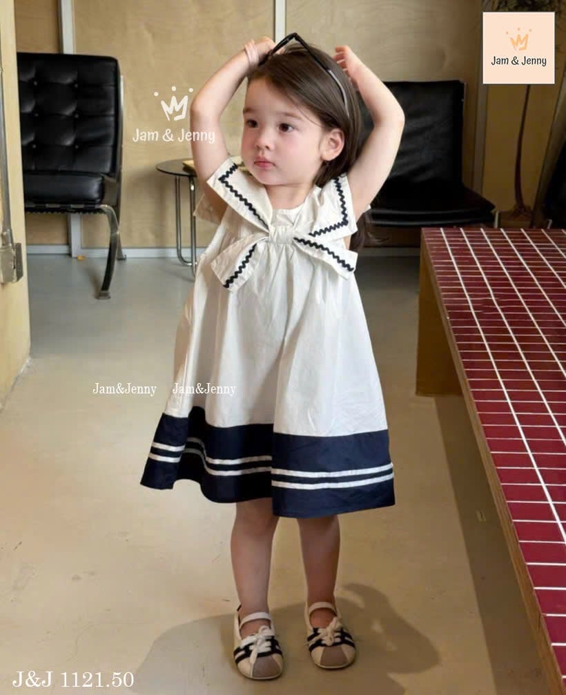 JJ 1121 - Váy thô Jam&Jenny trắng cổ nơ phối chân sọc size 2 - 12y