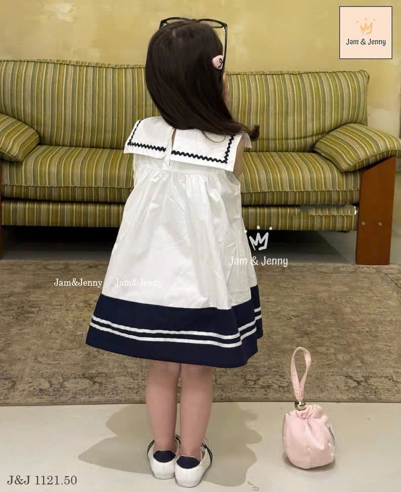 JJ 1121 - Váy thô Jam&Jenny trắng cổ nơ phối chân sọc size 2 - 12y