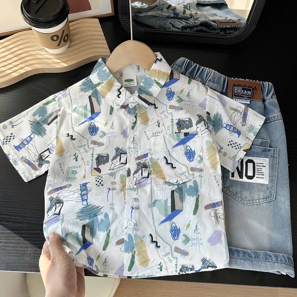 Áo sơ mi vải thô mỏng hoạ tiết hoa lá, khủng long nhiều màu cho bé trai size 100-150