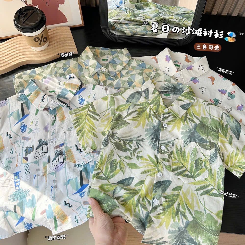 Áo sơ mi vải thô mỏng hoạ tiết hoa lá, khủng long nhiều màu cho bé trai size 100-150
