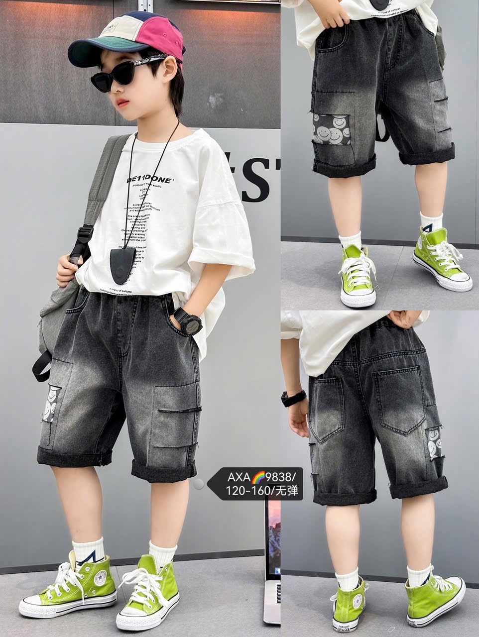 9838 - Quần ngố jean mềm màu đen hoạ tiết mặt cười cho bé trai size 120-160