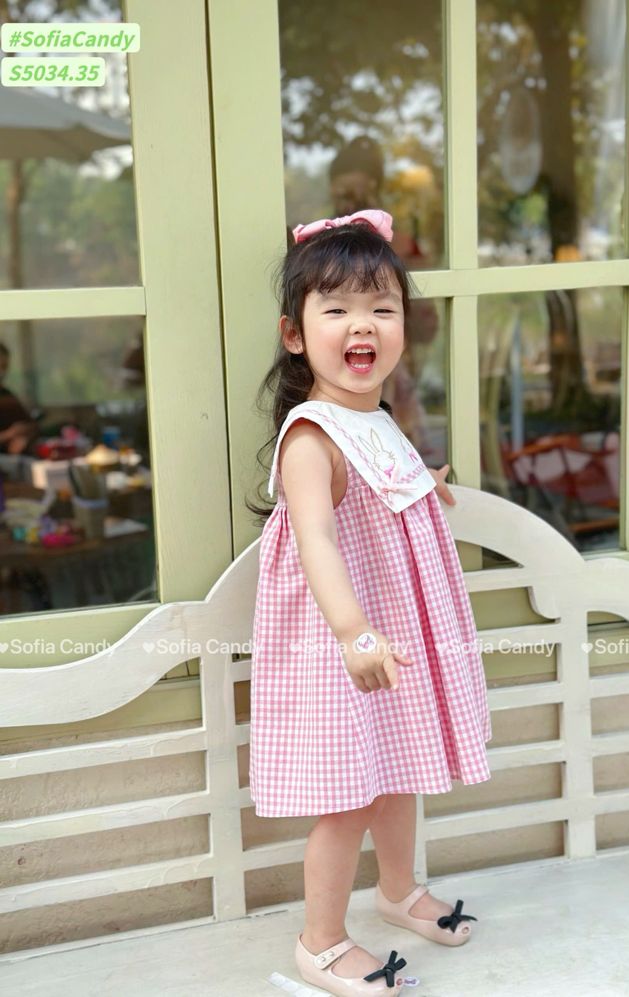 S5034 - Váy Sofia Candy sát nách kẻ hồng phối cổ trắng thêu thỏ bé gái size 1-10y