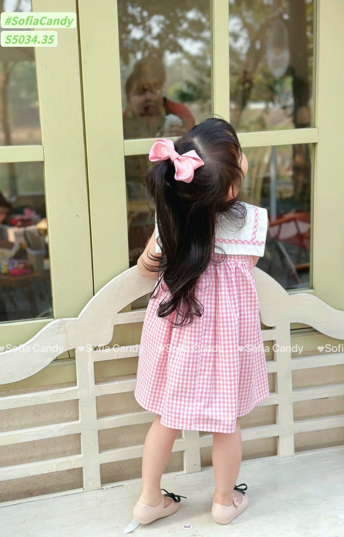 S5034 - Váy Sofia Candy sát nách kẻ hồng phối cổ trắng thêu thỏ bé gái size 1-10y