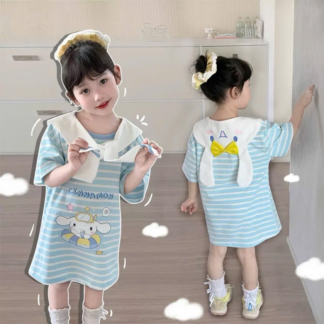 Set váy cotton + khăng quàng hoạ tiết Kuromi, Melody, Cinnamon bé gái size 90-130